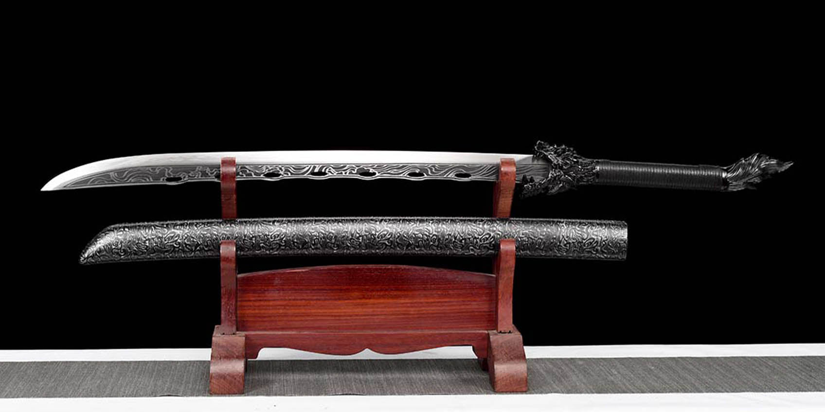 Spring Steel Katana : Patterned Blade with Hardwood + Leather Saya