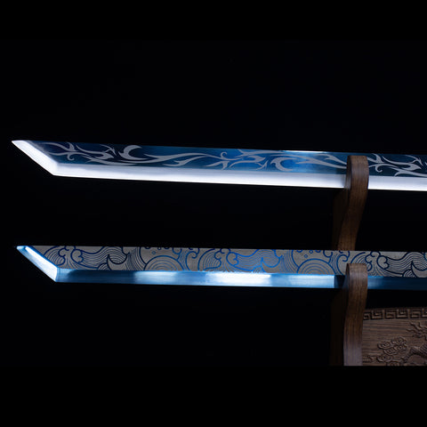 Handmade Chinese Azure Nature & Ocean Wave Tang Dao Sword - Manganese Steel with Black Dragon Saya-QQ003841-COOLKATANA