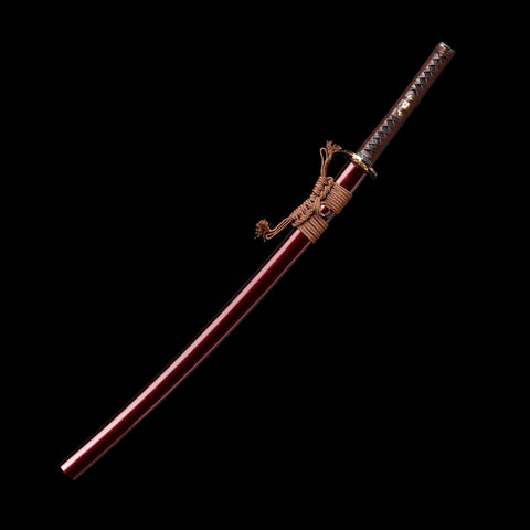 Handmade Japanese Samurai Katana with Folded Steel and Small Kurumaru Red Hamon