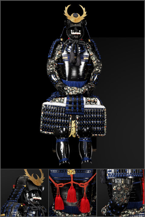 Handmade Life-Size Tokugawa Clan Samurai Armor – Black & Blue Yoroi