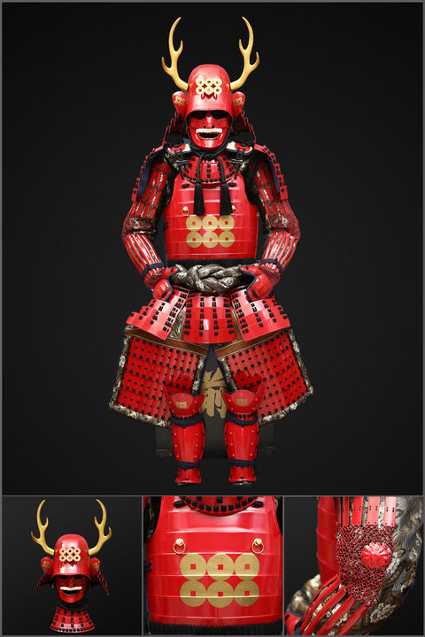 Handmade Life-Size Yoroi,Red Yukimura Sanada Samurai Armor with Deer Antlers