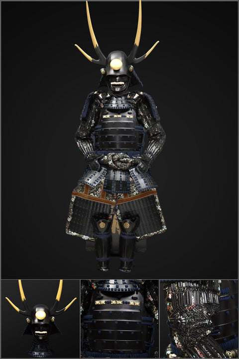 Handgemachte schwarze Samurai-Rüstung des Yoroi-Oda-Clans in Lebensgröße mit Geweihhelm