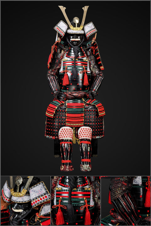 Handmade Oda Clan Red & Black Samurai Armor, Life-Size Yoroi with Helmet