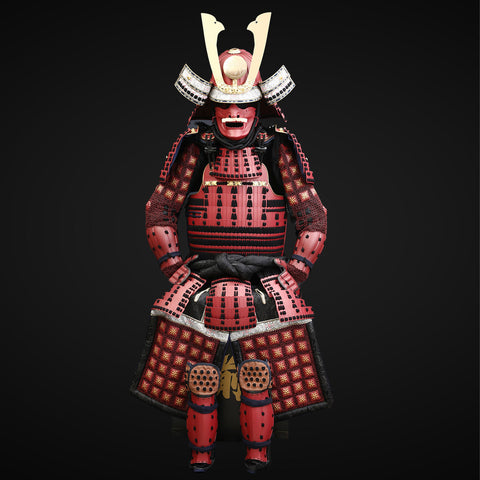 Handmade Life-Size Yoroi，Red Arima Clan Samurai Armor Set with Kuro Kuwagata Helmet