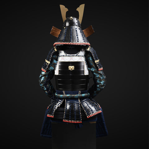 Handmade Tokugawa Clan Black,Blue Samurai Armor with Kuro Kuwagata Kabuto Helmet Life Size Japanese Yoroi