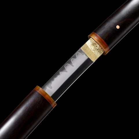 Ebony Wood Saya Katana Laido with T10 Forged Blade, Copper Guard, and Yellow Cow Horn Inlays