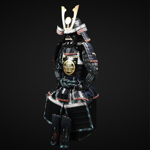 Handmade Tokugawa Clan Black,Blue Samurai Armor with Kuro Kuwagata Kabuto Helmet Life Size Japanese Yoroi