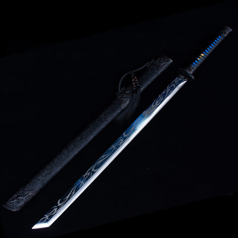 Handmade Chinese Azure Nature & Ocean Wave Tang Dao Sword - Manganese Steel with Black Dragon Saya-QQ003841-COOLKATANA