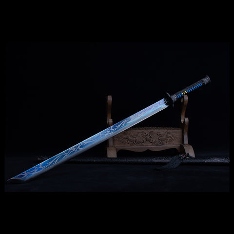 Handmade Chinese Azure Nature & Ocean Wave Tang Dao Sword - Manganese Steel with Black Dragon Saya-QQ003841-COOLKATANA