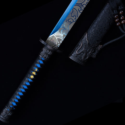 Handmade Chinese Azure Nature & Ocean Wave Tang Dao Sword - Manganese Steel with Black Dragon Saya-QQ003841-COOLKATANA