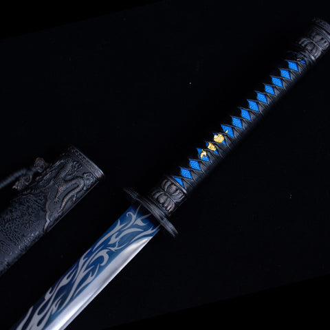 Handmade Chinese Azure Nature & Ocean Wave Tang Dao Sword - Manganese Steel with Black Dragon Saya-QQ003841-COOLKATANA