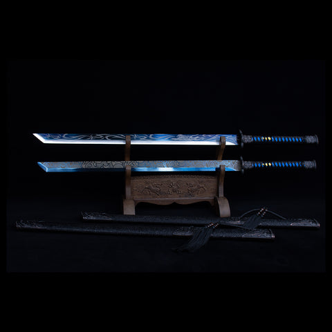 Handmade Chinese Azure Nature & Ocean Wave Tang Dao Sword - Manganese Steel with Black Dragon Saya-QQ003841-COOLKATANA