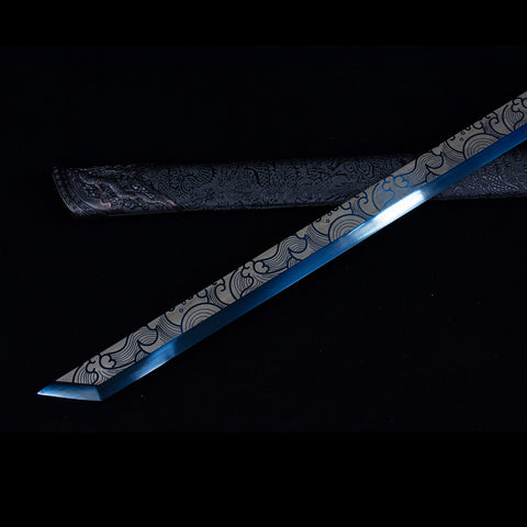 Handmade Chinese Azure Nature & Ocean Wave Tang Dao Sword - Manganese Steel with Black Dragon Saya-QQ003841-COOLKATANA