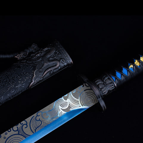 Handmade Chinese Azure Nature & Ocean Wave Tang Dao Sword - Manganese Steel with Black Dragon Saya-QQ003841-COOLKATANA