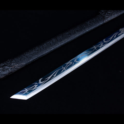 Handmade Chinese Azure Nature & Ocean Wave Tang Dao Sword - Manganese Steel with Black Dragon Saya-QQ003841-COOLKATANA