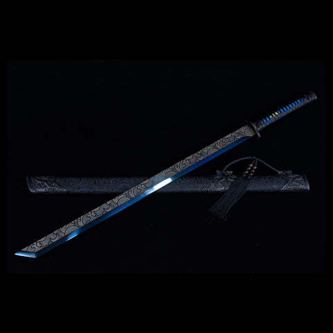 Handmade Chinese Azure Nature & Ocean Wave Tang Dao Sword - Manganese Steel with Black Dragon Saya-QQ003841-COOLKATANA