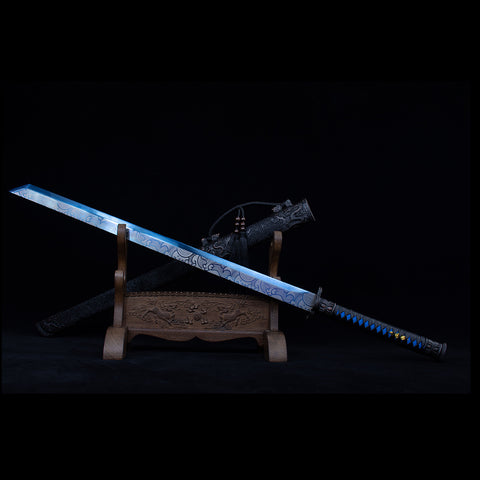 Handmade Chinese Azure Nature & Ocean Wave Tang Dao Sword - Manganese Steel with Black Dragon Saya-QQ003841-COOLKATANA