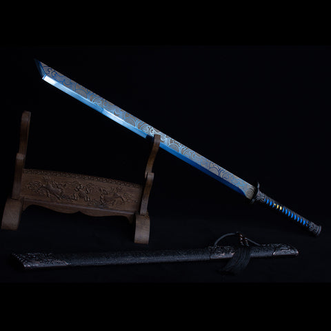 Handmade Chinese Azure Nature & Ocean Wave Tang Dao Sword - Manganese Steel with Black Dragon Saya-QQ003842-COOLKATANA