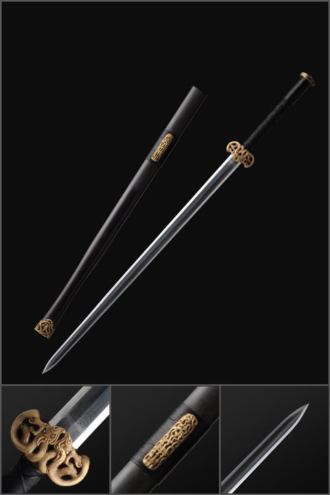 Handmade Chinese Sword Double Dragon Han Jian Folded Steel Blade Ebony Scabbard-COOLKATANA-SL-6009-U