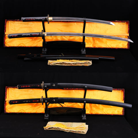 Hand Forged Japanese Daisho Sword Katana+Wakizashi Folded Steel Damascus Brass Tsuba Full Tang-COOLKATANA