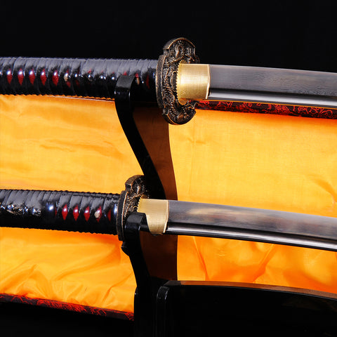 Hand Forged Japanese Daisho Sword Katana+Wakizashi Folded Steel Damascus Brass Tsuba Full Tang-COOLKATANA