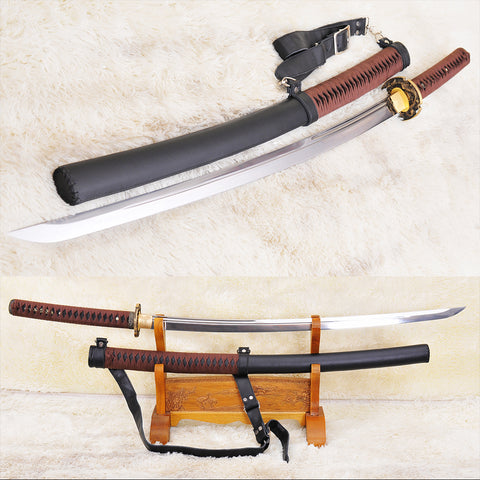 Hand Forged Japanese Samurai Katana Sword 1095 Carbon Steel Unokubi-Zukuri Blade Leather Saya With Strap-COOLKATANA