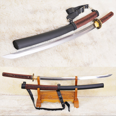 Hand Forged Japanese Samurai Katana Sword 1095 Carbon Steel Unokubi-Zukuri Blade Leather Saya With Strap-COOLKATANA-SL-898-U