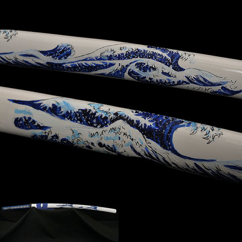 Hand Forged Japanese Samurai Katana Sword 1095 High Carbon Steel Hand-Drawn Wave Saya-COOLKATANA