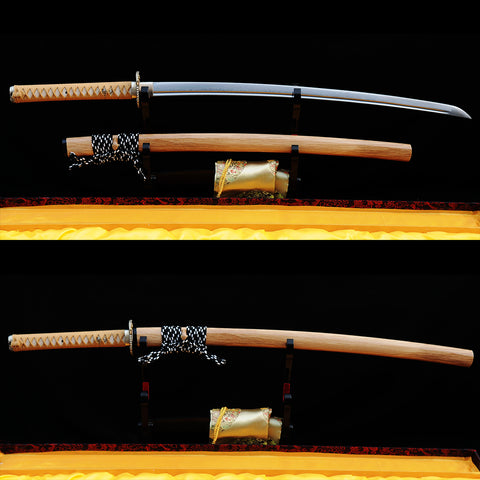 Hand Forged Japanese Samurai Katana Sword Folded Steel Eagle Tsuba FullTang White Wood Saya-COOLKATANA