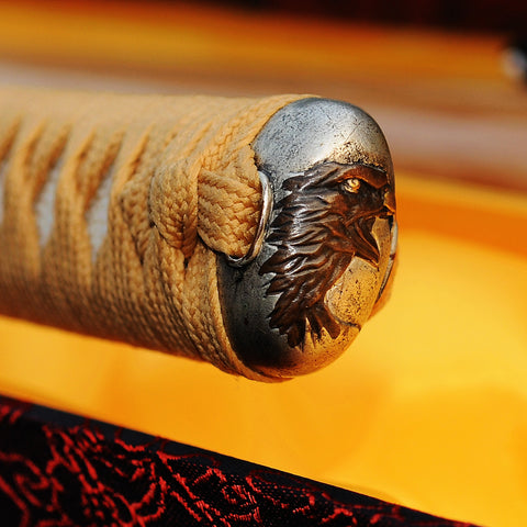 Hand Forged Japanese Samurai Katana Sword Folded Steel Eagle Tsuba FullTang White Wood Saya-COOLKATANA