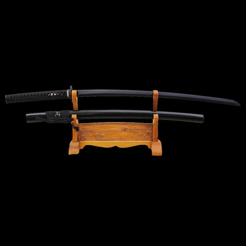 Hand Forged Japanese Samurai Katana Sword Honsanmai Clay Tempered Black Blade Iron Tsuba-COOLKATANA