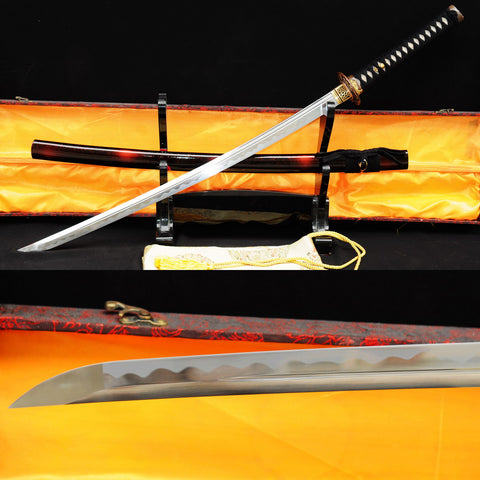 Hand Forged Japanese Samurai Katana Sword O-Kissaki 1095 High Carbon Steel Full Tang Copper Flower Tsuba-COOLKATANA