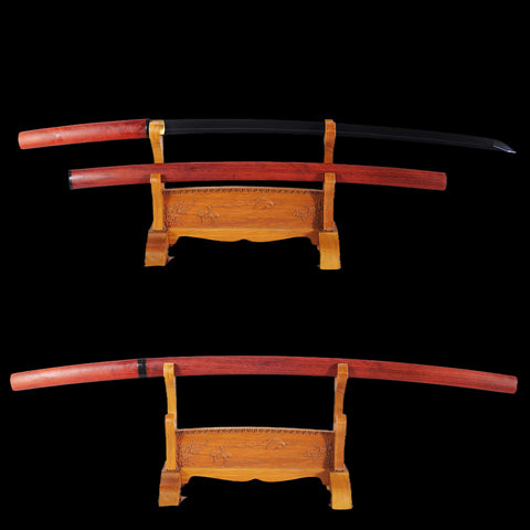Hand Forged Japanese Shirasaya Katana Sword Folded Steel Black Blade Redwood Saya With Buffalo Horn-COOLKATANA