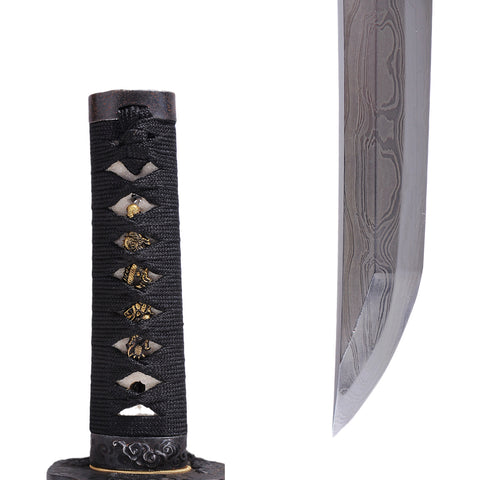Hand Forged Japanese Tanto Sword Damascus 1095 Carbon Steel Short Sword Iron Tsuba-COOLKATANA