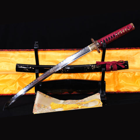 Hand Forged Japanese Wakizashi Sword 1095 Carbon Steel Clay Tempered Copper Dragon Tsuba-COOLKATANA