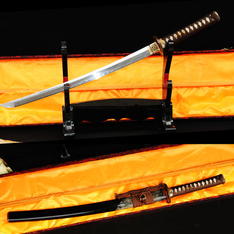 Hand Forged Japanese Wakizashi Sword 1095 Carbon Steel Clay Tempered Rayskin Saya Copper Tsuba-COOLKATANA