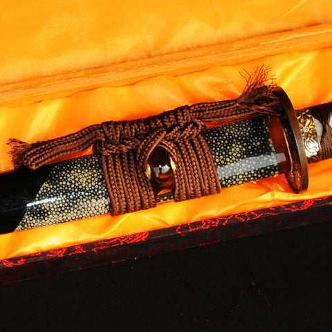 Hand Forged Japanese Wakizashi Sword 1095 Carbon Steel Clay Tempered Rayskin Saya Copper Tsuba-COOLKATANA