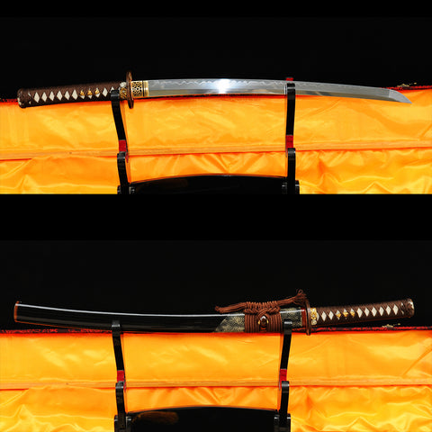 Hand Forged Japanese Wakizashi Sword 1095 Carbon Steel Clay Tempered Rayskin Saya Copper Tsuba-COOLKATANA