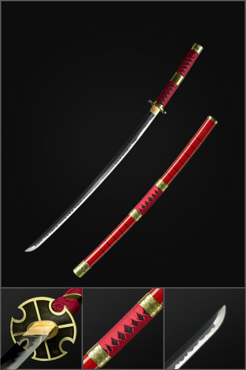 Handmade Anime Katana One Piece Roronoa Zoro Sandai Kitetsu Sword 1095 High Carbon Steel Red-COOLKATANA-QQ-0111-U