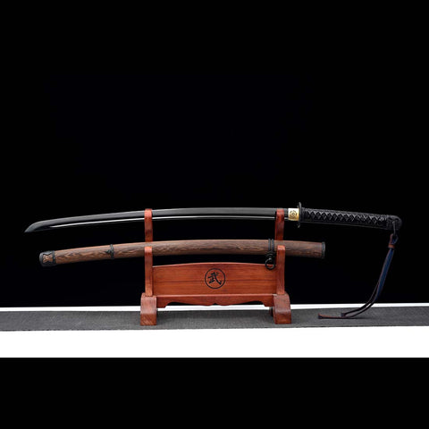 Handmade Japanese Samurai Katana, Japanese Gunto 1060 Carbon Steel Black Blade with Bo-hi Rosewood Saya-COOLKATANA-QQ-0223-U