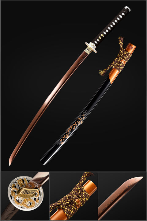 Handmade Japanese Samurai Katana, Folded Steel Red Blade with Bo-hi Full Tang Dragon Tusba-COOLKATANA-QQ-0245-U