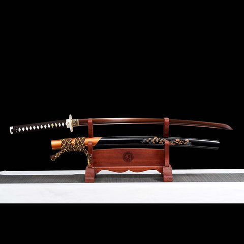 Handmade Japanese Samurai Katana, Folded Steel Red Blade with Bo-hi Full Tang Dragon Tusba-COOLKATANA-QQ-0245-U