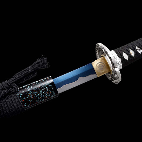 Handmade Japanese Katana Sword, High Manganese Steel Full Tang Blue Blade Stripe Saya Python Tusba-COOLKATANA-QQ-0244-U