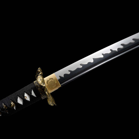 Handmade Japanese Samurai Katana, High manganese Steel Fire Pattern Blade Full Tang Golden Toad Theme Fitting-COOLKATANA-QQ-0246-U