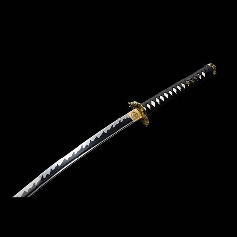 Handmade Japanese Samurai Katana, High manganese Steel Fire Pattern Blade Full Tang Golden Toad Theme Fitting-COOLKATANA-QQ-0246-U