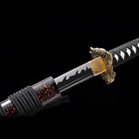 Handmade Japanese Samurai Katana, High manganese Steel Fire Pattern Blade Full Tang Golden Toad Theme Fitting-COOLKATANA-QQ-0246-U