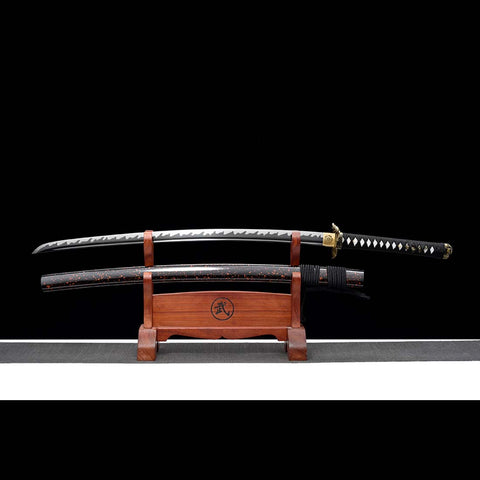 Handmade Japanese Samurai Katana, High manganese Steel Fire Pattern Blade Full Tang Golden Toad Theme Fitting-COOLKATANA-QQ-0246-U