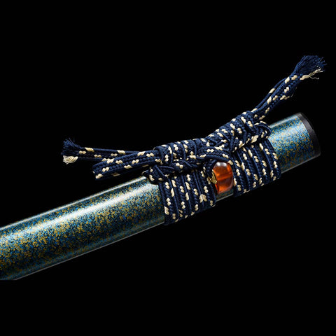 Handmade Japanese Samurai Katana,T10 Steel Blade Leaf Pattern Hamon with Bo-hi Snake Pattern Fitting Blue-green Saya-COOLKATANA-QQ-0232-U