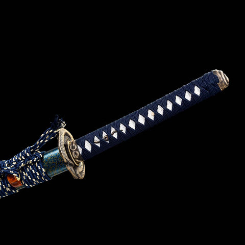 Handmade Japanese Samurai Katana,T10 Steel Blade Leaf Pattern Hamon with Bo-hi Snake Pattern Fitting Blue-green Saya-COOLKATANA-QQ-0232-U