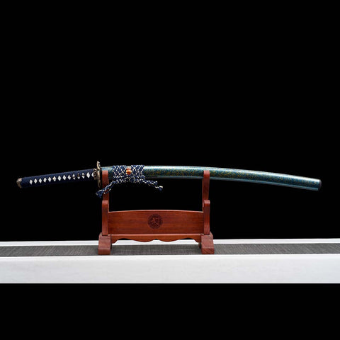 Handmade Japanese Samurai Katana,T10 Steel Blade Leaf Pattern Hamon with Bo-hi Snake Pattern Fitting Blue-green Saya-COOLKATANA-QQ-0232-U